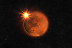 红色的火星, 在星空上有太阳光线。阳光下的火星