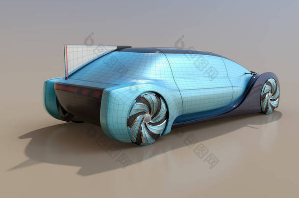 梯度背景下自驱动电动汽车的线框绘制. 3D渲染图像.