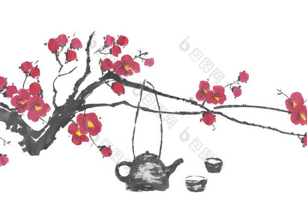 中国茶道和樱花的枝条。粉红和红色的梅花和野生樱桃的花色。水彩和水墨插图的树的风格相思, 去华, u 罪。东方传统绘画. 