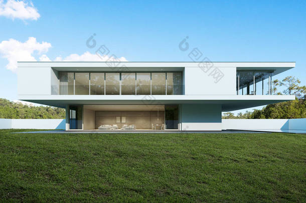 现代豪宅的视角与游泳池和草坪<strong>庭院</strong>在白天，最小的建筑设计的想法。3d 渲染 