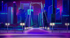 夜城霓虹灯， 桥入口， 码头， 灯