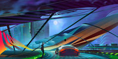 绘制夜间背景梦幻般的网络朋克城市景观与汽车