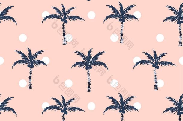 棕榈树粉红色波尔卡点复古风格无缝图案设计.