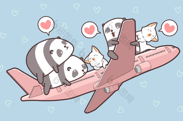 可爱的熊猫和猫和在飞机上
