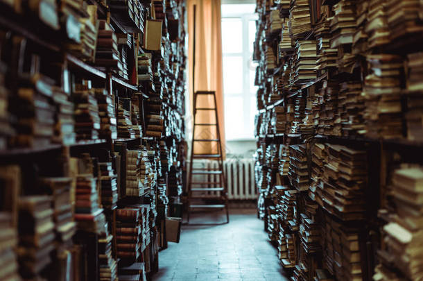 图书馆内部,有木架上的书和领订书 