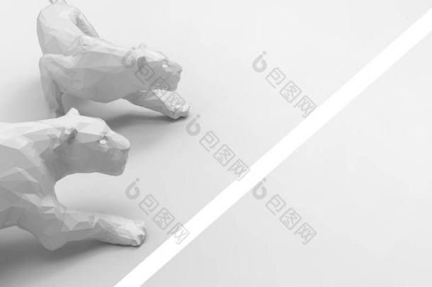 老虎 - 黑豹动物低聚组概念现代艺术柔和的粉红色背景 - 3D渲染