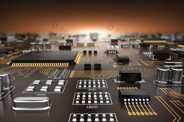 高科技电子PCB (印刷<strong>电路板</strong>)与处理器和微晶片.3d说明