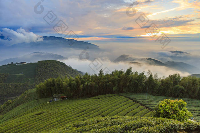 傍晚阳光下与农田的山区景观图片-包图网企业站