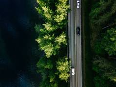 芬兰绿松林与蓝湖之间的公路景观景观