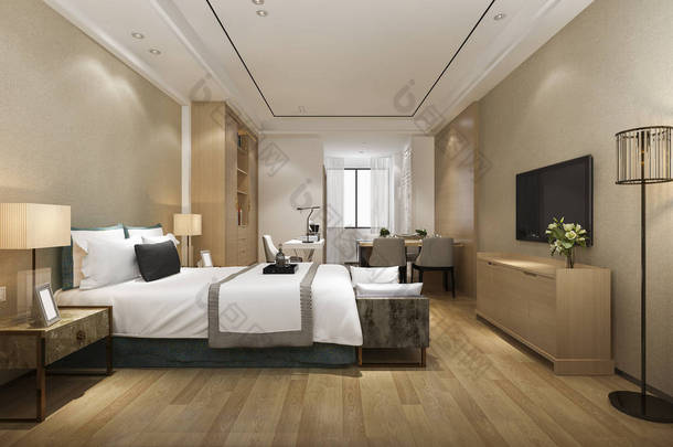 3D 渲染豪华现代卧室套房在酒店与餐桌