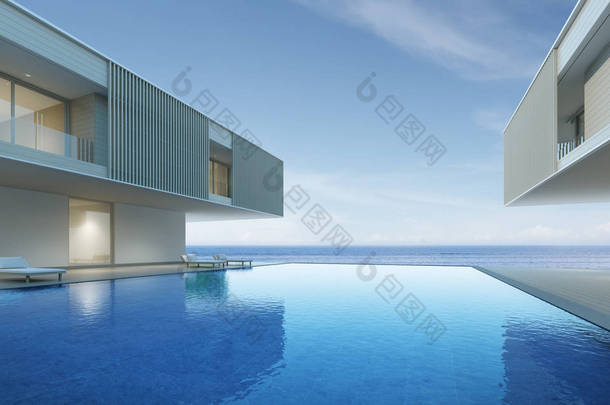 现代豪华建筑的视角，有木质露台和海景游泳池，家庭度假理念。3d 渲染.