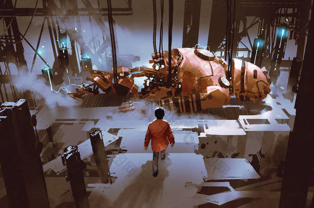 男孩走到破旧的工厂<strong>正在修理</strong>的破碎的巨型机器人，数字艺术风格，插图绘画