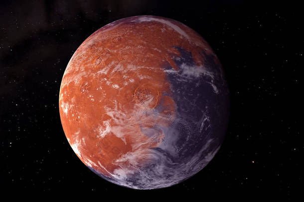 火星，有一个白色斑点，在黑暗的背景。这张图片的元素是由美国宇航局提供的