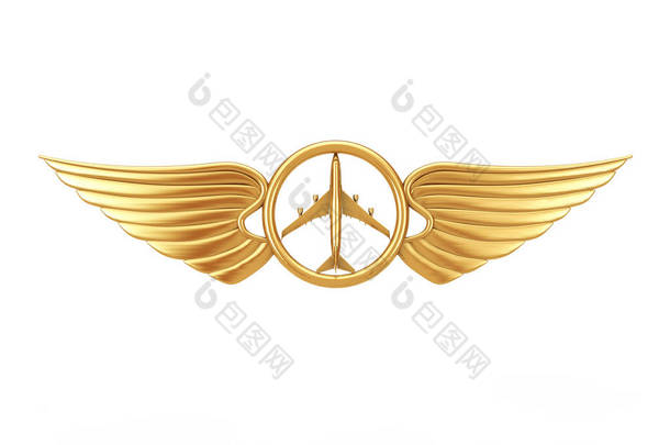 金色领航翼标志、徽章或徽标符号。3d 渲染