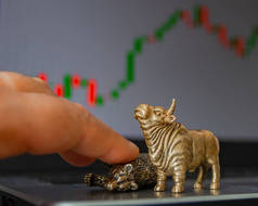 牛市和熊市作为股票交易的象征，在模糊的价格图形背景。商品与金融市场象征意义的概念.