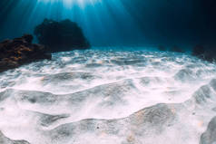 热带透明海洋，白色沙和珊瑚礁