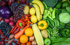 对新鲜成熟水果、红色、黄色、紫色和绿色蔬菜进行分类