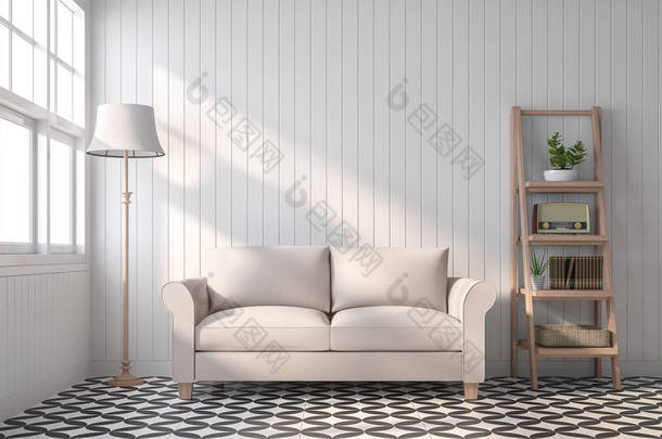 复古风格客厅3D渲染，有黑白花纹<strong>瓷砖</strong>地板，白色木板墙，装饰米色沙发和木制架子.