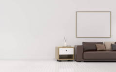 客厅空间景观,沙发套,白色墙壁上的空白画框. 最小室内设计的观点。 3d渲染.