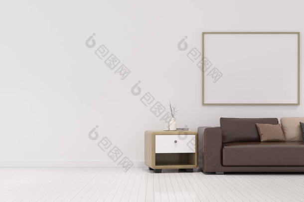 客厅空间景观,沙发套,白色墙壁上的空白画框. 最小室内设计的观点。 3d<strong>渲染</strong>.