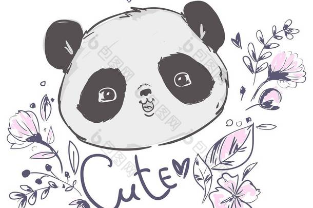 手绘熊猫和花朵附有病媒图解。 儿童印刷品.