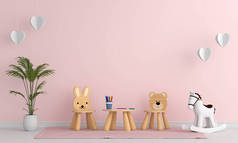 供模拟用的粉红色儿童房室内的椅子和桌子，3D伦德