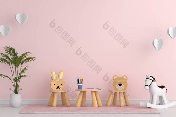 供模拟用的粉红色儿童房室内的椅子和桌子，3D伦德