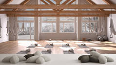 白色桌子、书桌或书架，有五张星形或花朵形状的柔软白色枕头，盖在空荡荡的瑜伽室、冥想室、简约主义建筑室内设计理念之上