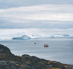 三头座头鲸带着鳍在海里游来游去喂食。 橙色鲸鱼观光船为背景。 格陵兰Disko Bay Ilulissat.