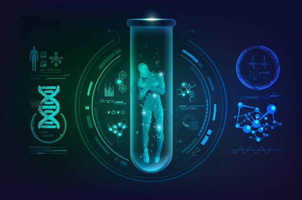 基因工程或生物技术的概念，带有科学接口的试管中的人的图形