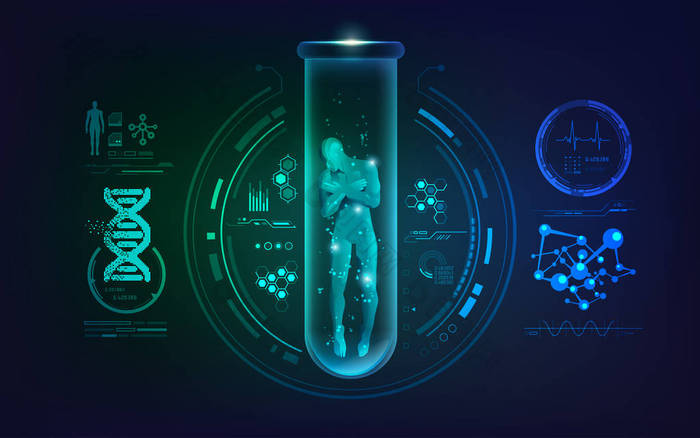 基因工程或生物技术的概念，带有科学接口的试管中的人的图形