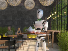 一个人形机器人侍者在餐馆里端着一盘食物和饮料。 人工智能取代了维修人员。 未来的概念。 3d渲染