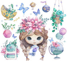 漂亮的年轻姑娘面带微笑,头顶上挂着粉红色的花,点缀着花,蝴蝶. 可爱的水色隔离彩绘图片用于婴儿淋浴露、邀请、生日卡片