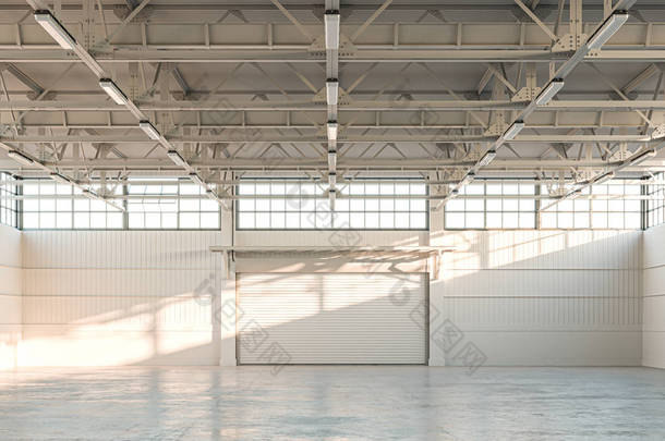 空置机库，空置机库，空置机库或空置机库，装有卷帘门和混凝土楼层。 3d渲染