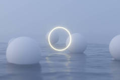 发光的框架和漂浮在湖上的白球，3D渲染.