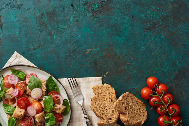 意大利美味蔬菜沙拉潘扎内拉的<strong>头像</strong>放在盘子里，用西红柿、面包、餐巾和叉子铺在有纹理的绿色表面