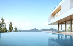 以松树和海景为背景的奢华现代住宅，日光浴游泳池的理念，简约的建筑设计。 3d渲染.