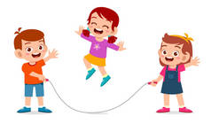 快乐可爱的男孩和女孩玩跳绳