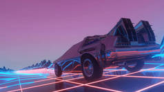 80年代风格的复古未来派汽车在虚拟的霓虹灯景观中前行。3d说明
