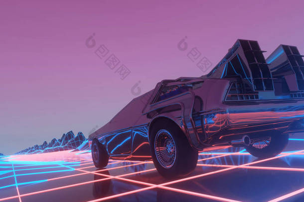 80年代风格的复古未来派汽车在虚拟的霓虹灯景观中<strong>前行</strong>。3d说明
