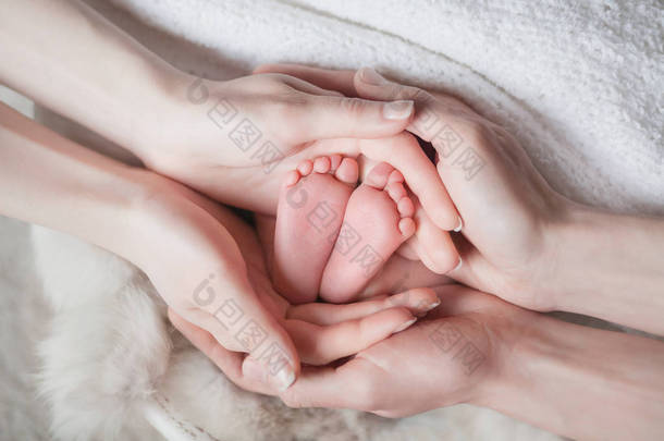在他的父母，妈妈和爸爸的怀里抱着一个新生婴儿的腿，背景是白色的