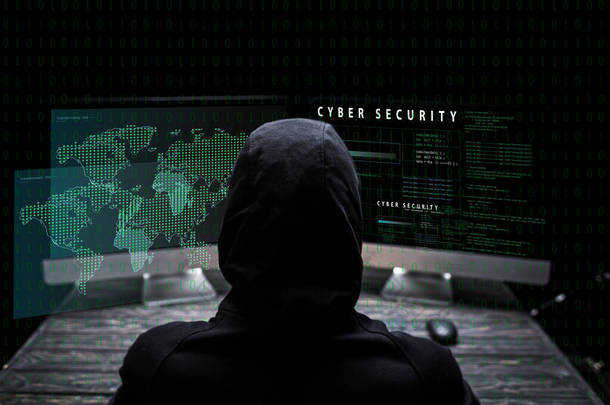 后视镜，头戴头巾的黑客坐在计算机监视器旁边，用<strong>黑体</strong>字写着网络安全字 