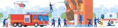 Firefighter team rescue people from burning house, vector illustration