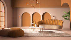 典雅典雅的客厅，有拱门和拱门。橙色沙发，有邮袋，地毯，吊灯，咖啡桌，花瓶，装饰。现代室内设计理念