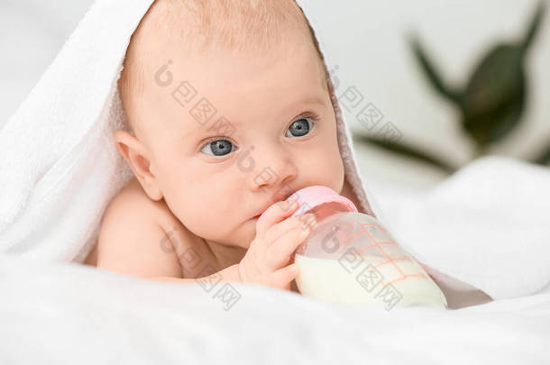 可爱的小宝宝<strong>躺</strong>在<strong>床</strong>上喝牛奶的肖像