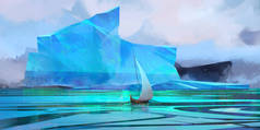 painted winter seascape with iceberg and sail