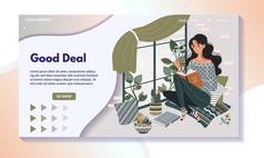 Woman reading book on windowsill, home leisure website design, vector illustration