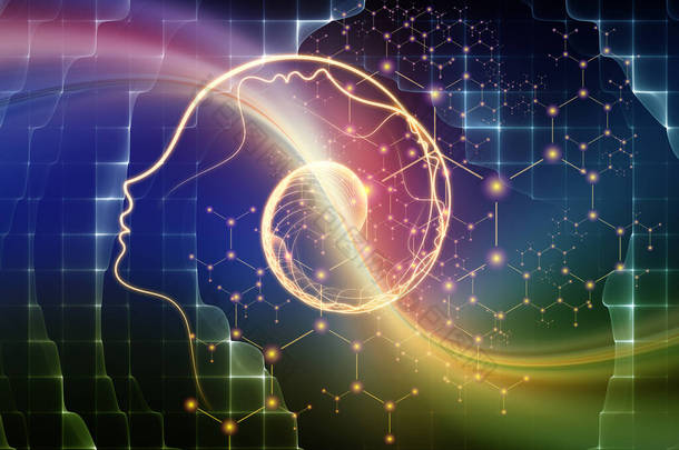 《精神科学》系列。关于意识、意识、人工智能和技术等主题的人物形象的螺旋线和抽象元素