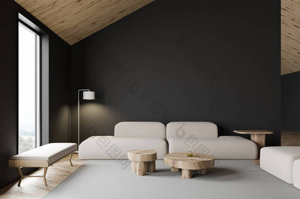 风格时尚的阁楼客厅的内部，有灰色的墙壁、木制的地板、舒适的白色沙发和靠近粗糙的圆桌的长椅。3d渲染