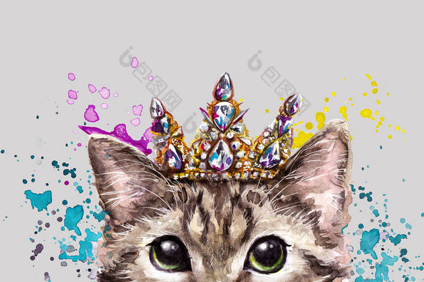 水彩画猫公主窥视。皇冠和油漆水花。猫爱的滑稽手绘图解. 